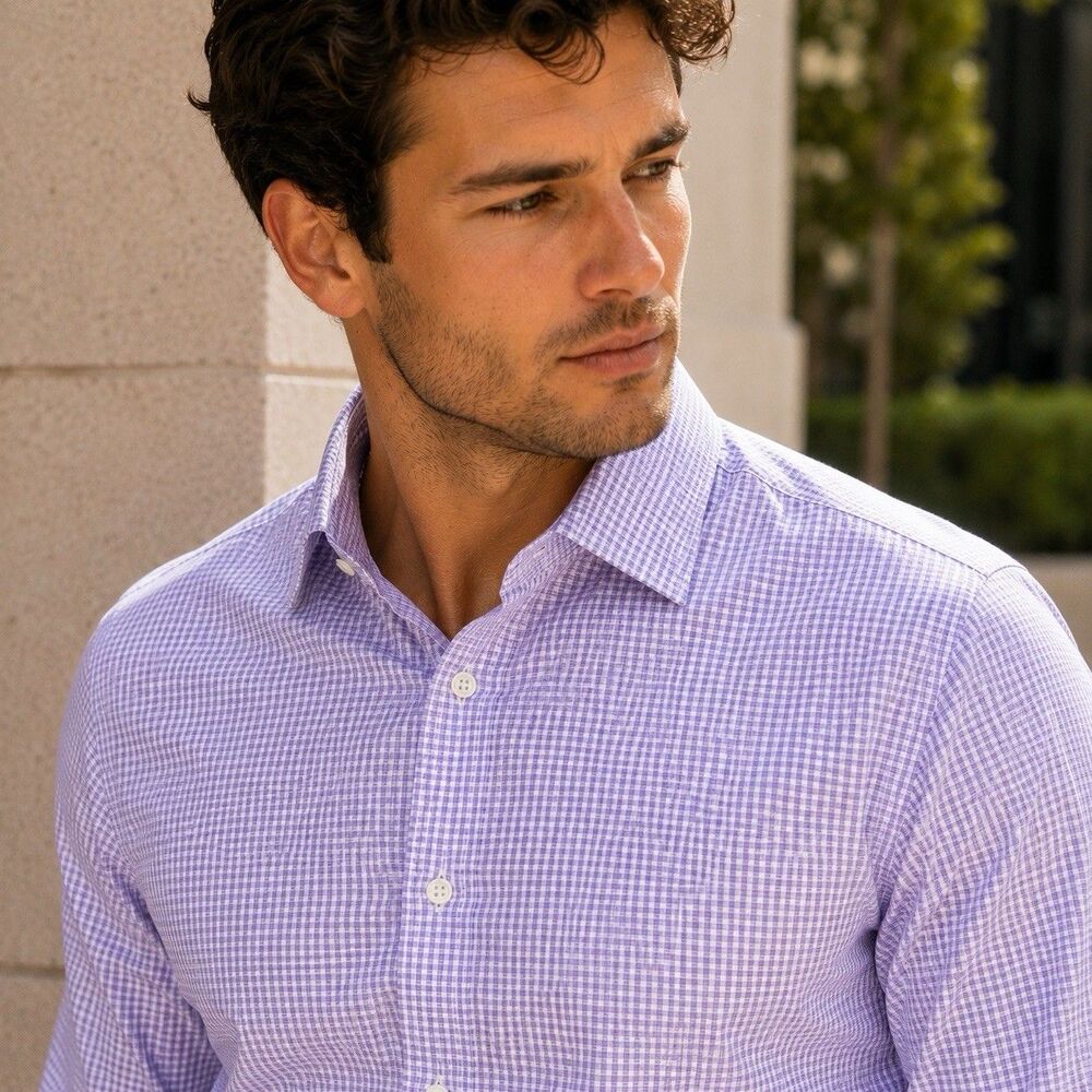 J.Crew‎ Ludlow Mens 15-33 Slim Dress Shirt Purple Gingham Easy Care Stretch